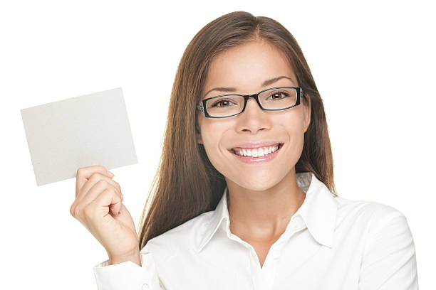 mulher sorridente em branco sinal - glasses holding business card imagens e fotografias de stock