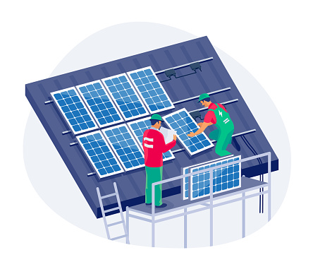 Solar panels installation on family house roof with scaffolding. Construction technician workers connecting the home renewable power energy system. Clean electricity. Isolated vector illustration.