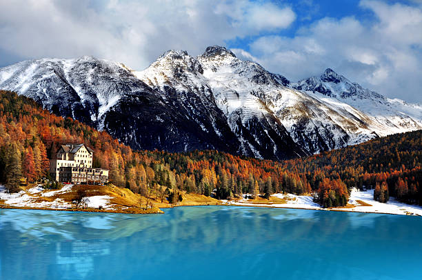 Mountain lake, St. Moritz, Switzerland Idyllic lake surrounded by colorful trees in the Swiss Alps. St. Moritz. switzerland stock pictures, royalty-free photos & images