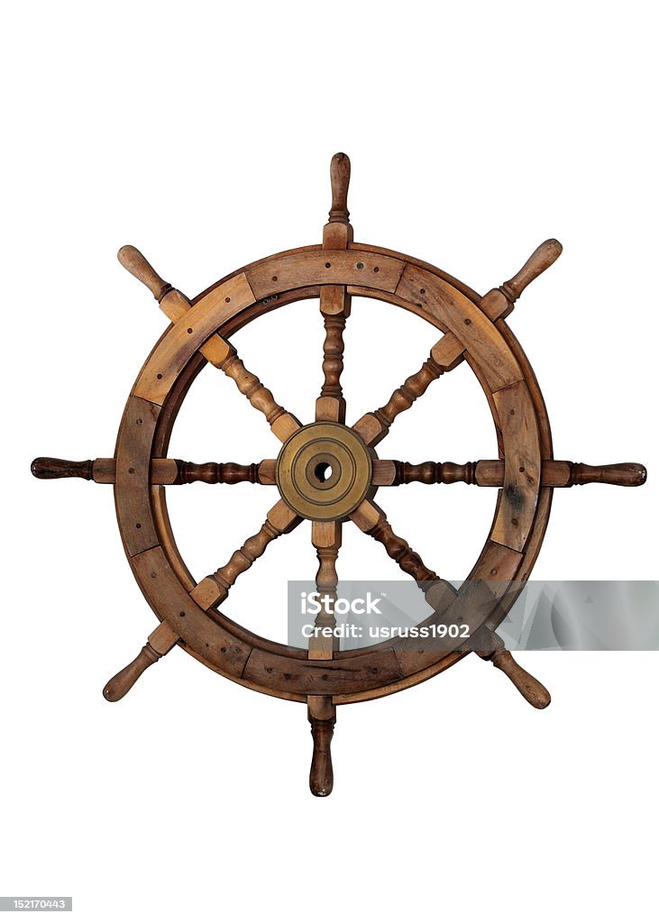 Sail Boat Helm on White Background The steering wheel of a ship sailing. Isolated on white Control Stock Photo