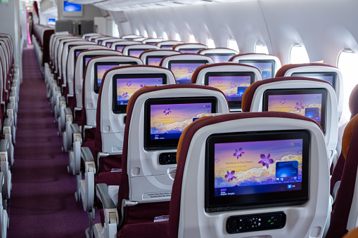 Bangkok Thailand,July 7th 2023 .IFE Inflight entertainment system and econimy class seats on Thai airways airplane.