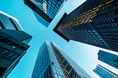 Modern bank towers in Frankfurt at late afternoon, captured in wide angle