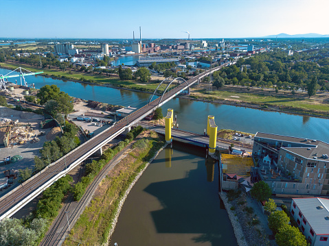 arial view railway bridge over neckar river in Mannheim at sunny morning