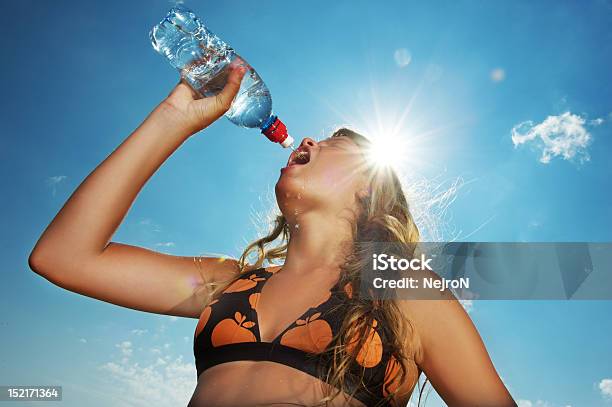 Young Girl Drinking Water Outdoors Stock Photo - Download Image Now - Beautiful People, Beauty, Blue
