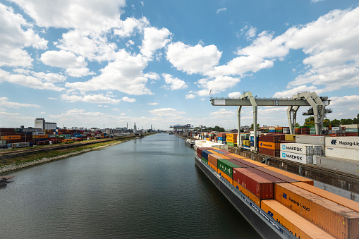 view on cargo container harbor at riverside in Mannheim at sunny morning, Mannheim has the second biggest inland harbor of europe
