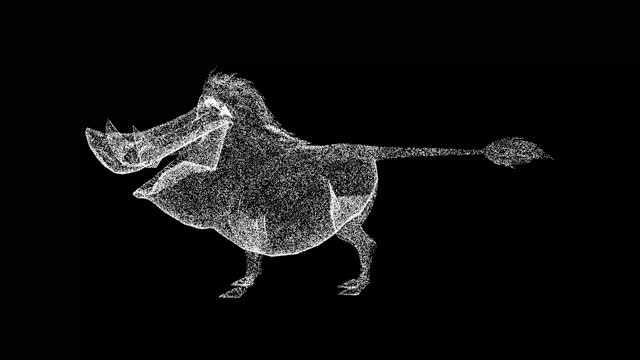 3D wild boar warthog rotates on black bg. Wild animals concept. Protection of the environment. For title, text, presentation. Object made of shimmering particles. 3d animation 60 FPS.
