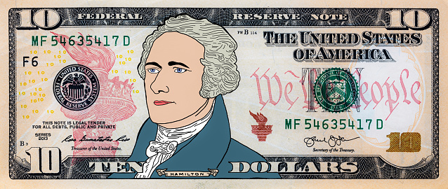 Closeup of front side of colorized 10 dollar banknote for design purpose