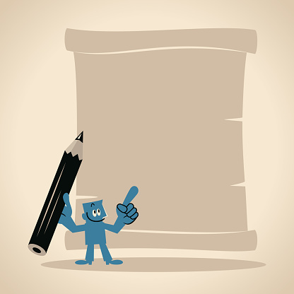 Blue Cartoon Characters Design Vector Art Illustration.
A writer holds a large pencil in one hand and points to a blank scroll of paper with his index finger.