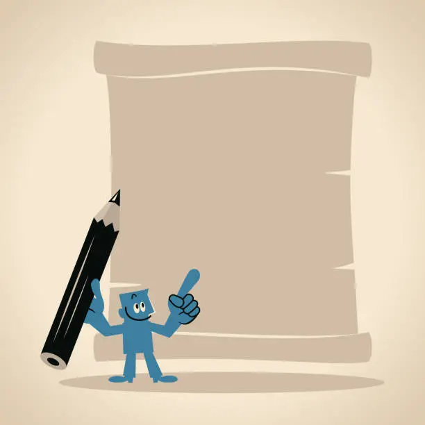Vector illustration of A writer holds a large pencil in one hand and points to a blank scroll of paper with his index finger