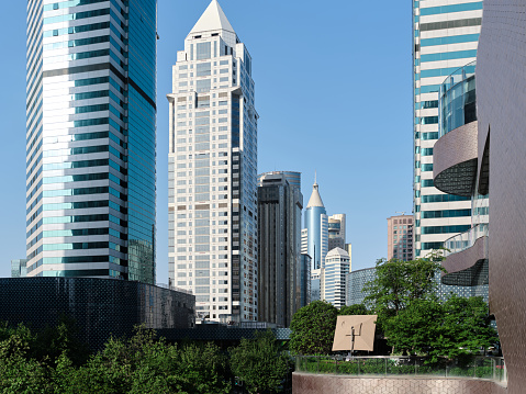 Skyscrapers and roof gardens in Huaihai Road, Shanghai, China, now green building concept