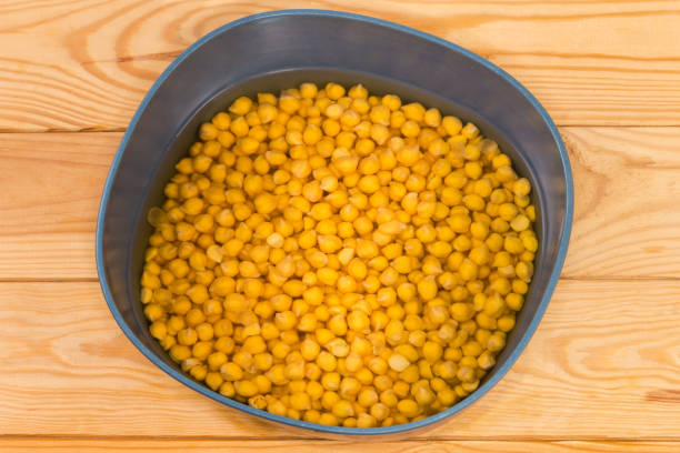 Uncooked yellow chickpeas soaked in blue-gray bowl before cooking
