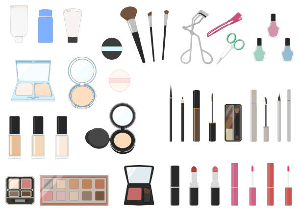 podstawowy zestaw do makijażu, zestaw kosmetyków, materiał wektorowy. - makeover series stock illustrations