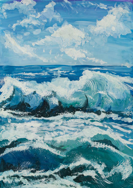 handmade gouache drawing on paper, seascape with waves in blue tones