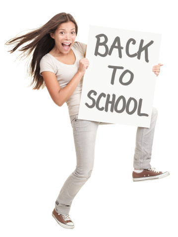 Back to school. Energetic college university student showing sign. White / chinese woman isolated on white background in full body.