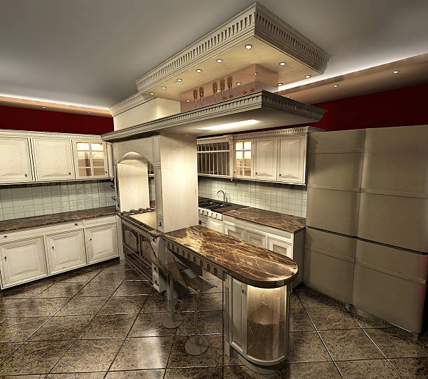 istock Beige classic kitchen made from wood with marble 152178429