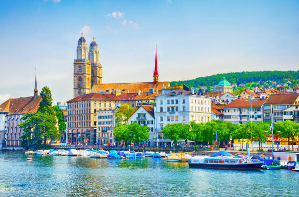Zurich sightseeing Great Minster Cathedral (Grossmunster) at sunset
