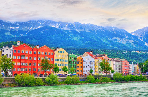 Colorful houses along riverside in Innsbruck, Austria