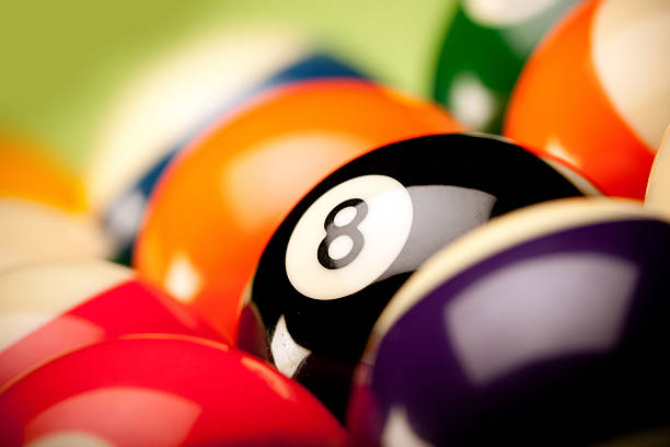 Close up of snooker balls focusing on the number 8 stock photo