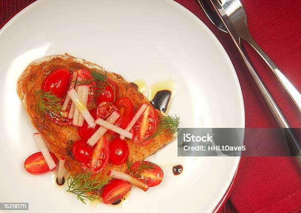 Bruschetta With Tomato Radish And Dill Stock Photo - Download Image Now - Appetizer, Balsamic Vinegar, Basil