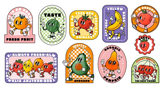 Cartoon fruit and vegetable sticker. Comic retro fruits vegetables character, fruit faces. Trendy supermarket vintage promo label, market healthy food. Vector set. Cheerful watermelon, banana