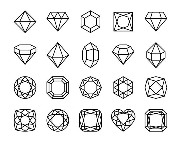 ilustrações, clipart, desenhos animados e ícones de ícones de diamante. joias diamantes, gemas de cristal, pedras preciosas de luxo. brilhante facetado gema formas abstratas traçado editável, ícone de linha isolado vetor conjunto - crystal bright diamond gem