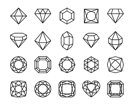 Diamond icons. Jewels diamonds, crystal gems, luxury gemstones. Brilliant faceted gem abstract shapes editable stroke, line icon isolated vector set. Precious stones of different shapes