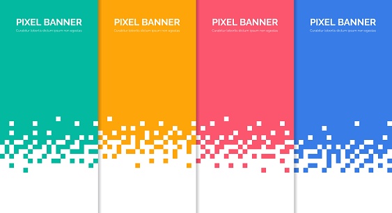 Abstract pixel banner. Pixelated background for vertical advertising banners, business price table. Color labels with mosaic texture edges. Vector template. Digital vertical colorful parts
