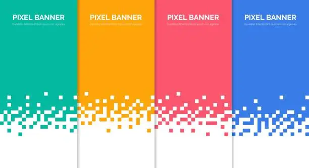 Vector illustration of Abstract pixel banner. Pixelated background for vertical advertising banners, business price table. Color labels with mosaic texture edges. Vector template
