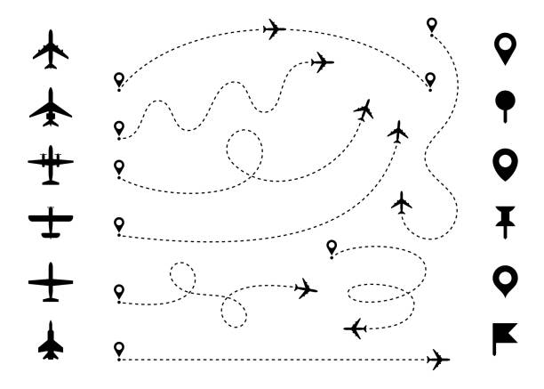 bildbanksillustrationer, clip art samt tecknat material och ikoner med plane route line. airplane with dashed trace and map pin at start. various aircrafts and destination pins icons. editable stroke path. infographic vector set - kondensspår