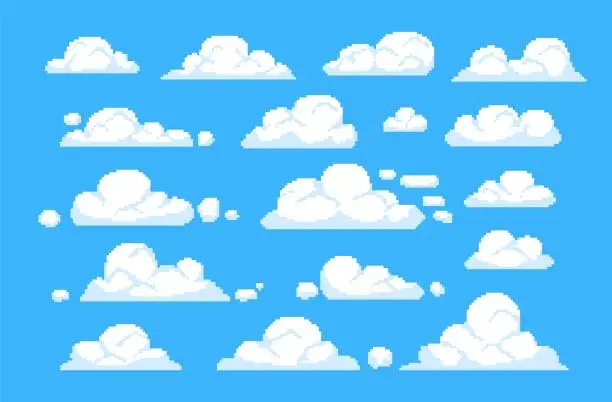 Vector illustration of Pixel cloud. Game animation 8bit sky, digital cloudy retro scene, flying white computer clouds on blue sky, 16-bit gamification concept, pixels elements. Vector set