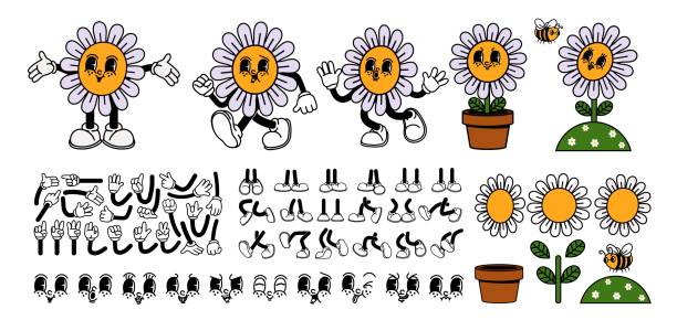 Cartoon flower character. Daisy retro constructor. Smiley flower face, funny walking mascot chamomile with bee, plant in pot. Trendy design sticker, vector set Cartoon flower character. Daisy retro constructor. Smiley flower face, funny walking mascot chamomile with bee, plant in pot. Trendy design sticker, vector set. Hands and legs for animation walking animation stock illustrations