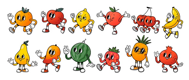Cartoon mascot fruit. Retro fruits character with legs and hands, cute face expression. Walking orange, running apple, staying watermelon, happy banana. Vector set. Natural sweet peach, pineapple