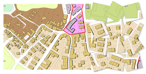 istock Imaginary General Urban Plan with indications of urban destinations with buildings, roads, buildable areas and land plot - Problems and solutions concept in jigsaw puzzle shape 1521835747