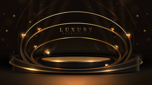 istock Gold podium with circle frame and golden ball decoration and spotlight effects with bokeh elements around on dark scene. Luxury black background for promote product or award ceremony. 1521844796