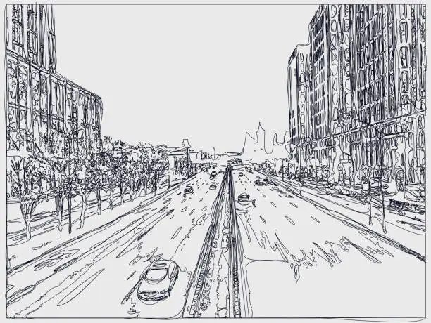 Vector illustration of abstract line drawing style city street transportation scene