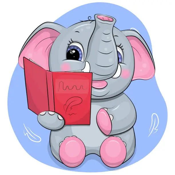 Vector illustration of Cute cartoon gray elephant reads a red book.