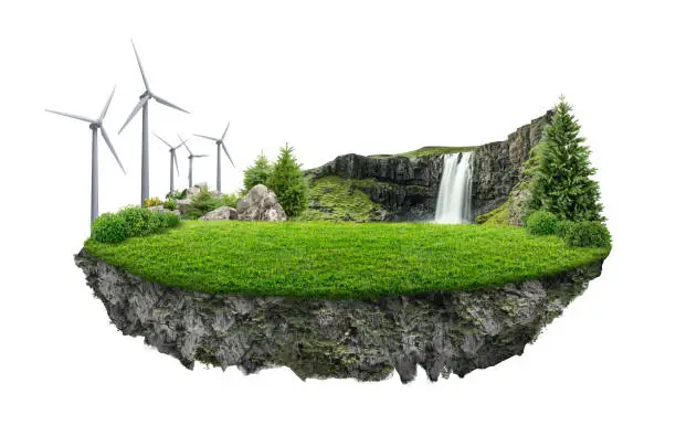 Photo of country road and green trees in summer. 3d illustration of a piece of green land with wind turbine isolated, creative travel and tourism off-road design. solar energy advertising.