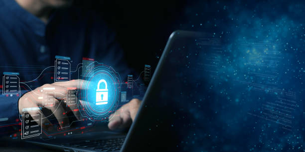 istock Businessman working on laptop with virtual screen. Online documentation database, IT consultant being set up Virtual Document Management System with a laptop, Software for archiving corporate files. 1521891702