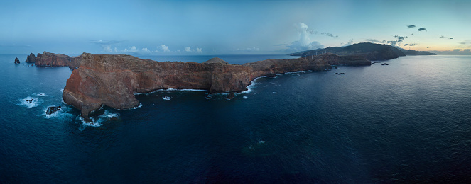 Drone point of view of coastline Cliffs of Madeira island, Portugal.