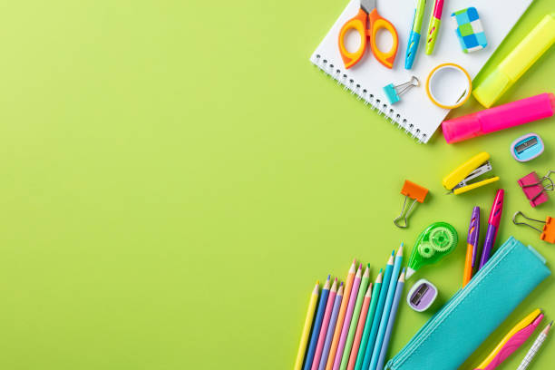 istock Back to school concept. Flat lay school supplies on color background. 1521963961
