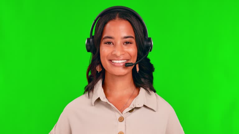 Green screen, face and woman of call center in communication, sales consulting and customer service. Studio portrait, happy female telemarketing agent and CRM consultant with headphones to contact us