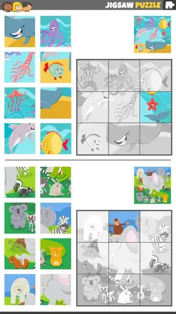 Vector illustration of jigsaw puzzle games set with cartoon wild animal characters