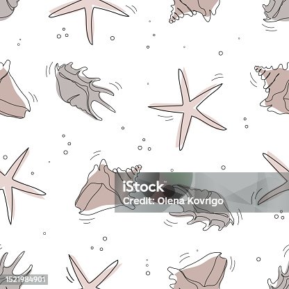 istock Seashells seamless pattern. One line drawing of a shell. Hand drawn marine illustrations of seashells. Summer tropical ocean beach style 1521984901