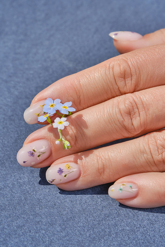 Female hands with glitter beige nail design. Female hands hold dry autumn flower. Woman hands on beige fabric background