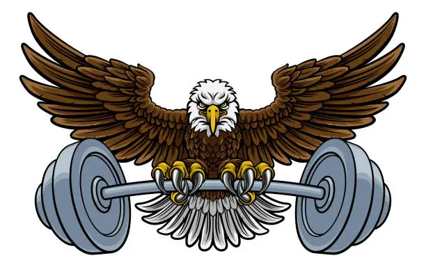 Vector illustration of Bald Eagle Hawk Weight Lifting Mascot And Barbell