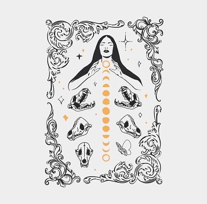 Hand drawn vector abstract,graphic magic witch woman,moon phases and stars in minimalistic modern line art style illustration.Moon and star outline design concept.Celestial witch sacred boho female