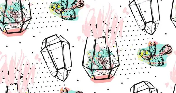Vector illustration of Hand drawn vector abstract seamless pattern with rough terrarium,polka dots texture and succulent plants in pastel colors isolated on white bakground.Design for decoration,fashion,fabric,wrapping.