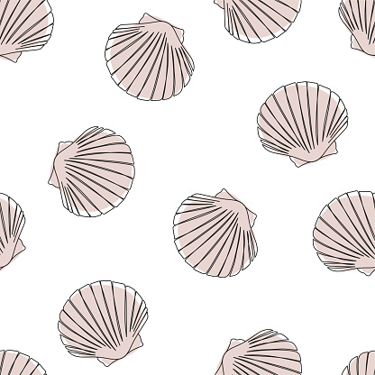 istock Seashells seamless pattern. One line drawing of a shell. Hand drawn marine illustrations of seashells. Summer tropical ocean beach style 1522088474