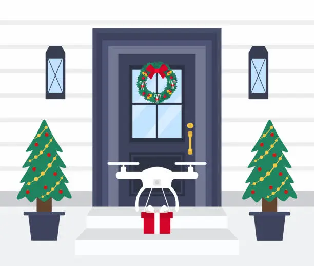 Vector illustration of Drone Delivery Service. Delivery Drone Carrying Gift Box. Building Entrance Door Decorated For Christmas
