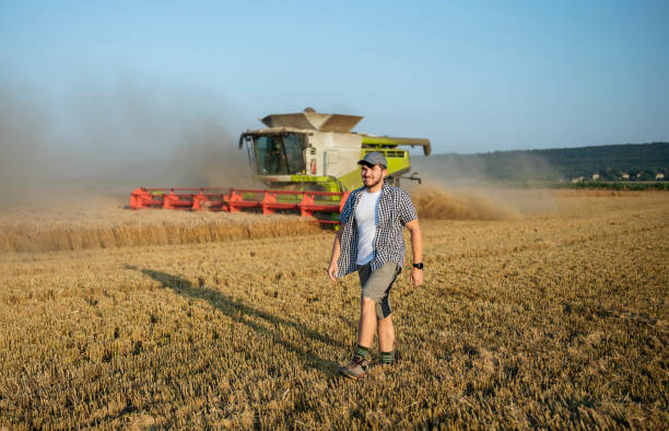 istock Mid aged farmer walking on wheat field next to the combine. 1522184923